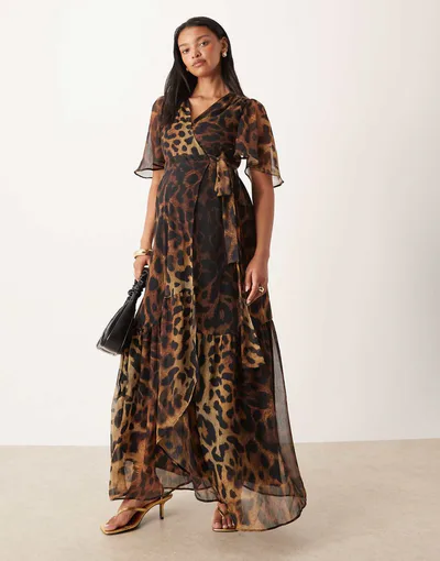 ASOS Hope & Ivy Maternity wrap front maxi dress in brown leopard print