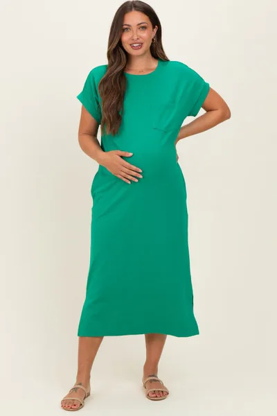 PinkBlush Kelly Green Pocket Front Maternity Midi T-Shirt Dress