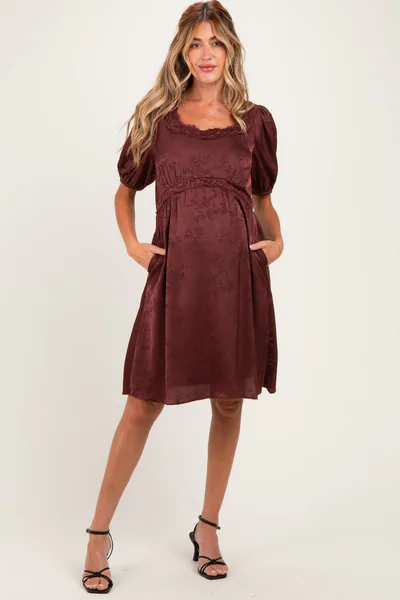 PinkBlush Brown Short Sleeve Lace Trim Maternity Dress