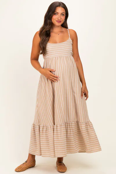 PinkBlush Taupe/ Off White Striped Sleeveless Ruffle Hem Maternity Maxi Dress