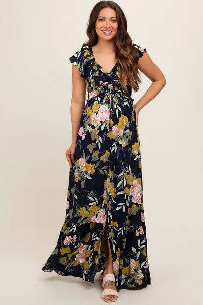 PinkBlush Navy Floral Smocked Cinched Top Maternity Maxi Dress