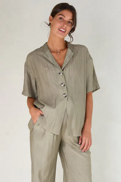 Bae the Label Ease Away Crinkle Shirt - Soft Khaki