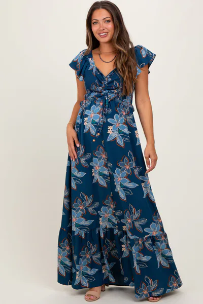 PinkBlush Navy Floral Smocked Cinched Top Maternity Maxi Dress