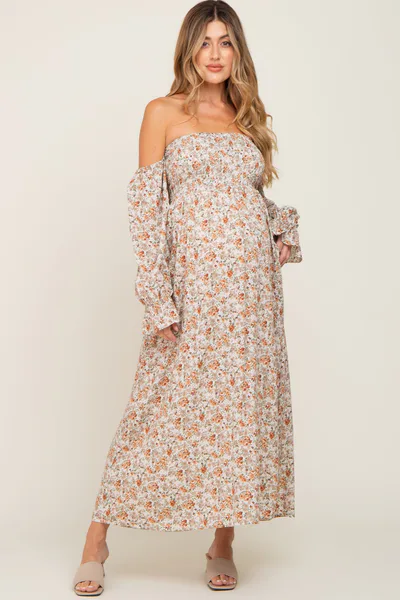 PinkBlush Taupe Floral Off Shoulder Long Sleeve Maternity Maxi Dress
