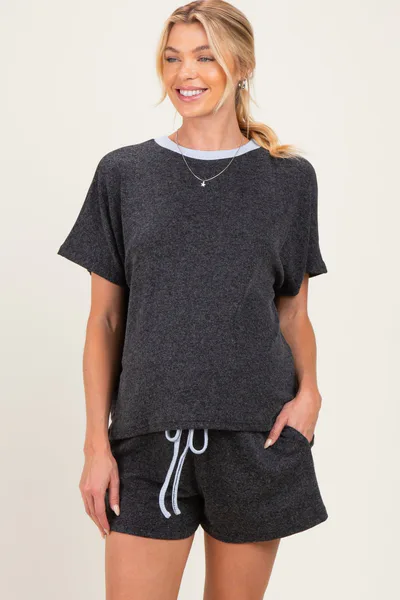 PinkBlush Charcoal Melange Knit Short Sleeve Top Shorts Maternity Set