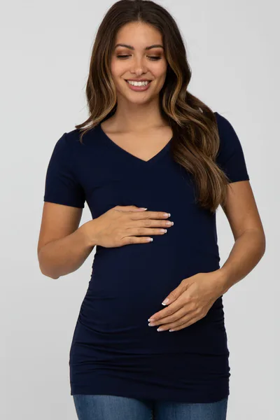 PinkBlush Navy Blue V-Neck Ruched Side Maternity Top
