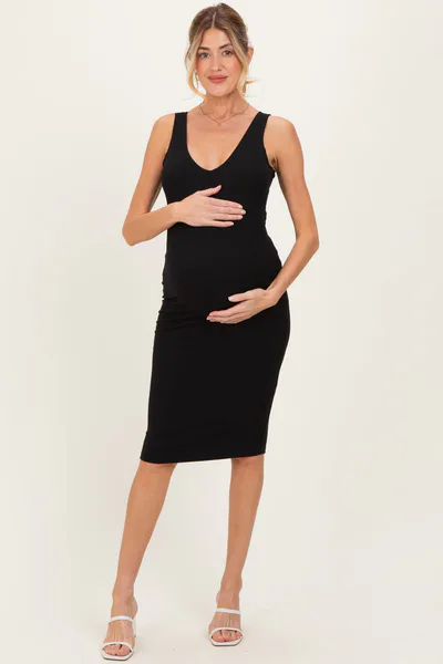 PinkBlush Black Ribbed Knit V-Neck Maternity Tank Dress