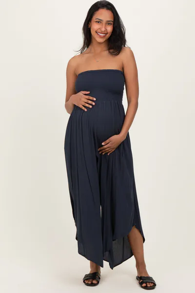 PinkBlush Navy Smocked Strapless Tulip Leg Maternity Jumpsuit