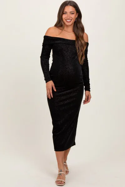 PinkBlush Black Shiny Velour Off Shoulder Maternity Midi Dress