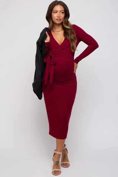 PinkBlush Burgundy Ribbed Long Sleeve Maternity Wrap Dress
