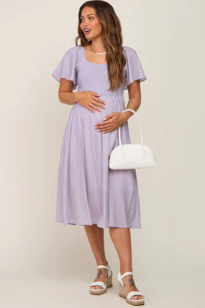 PinkBlush Lavender Smocked Square Neck Flutter Short Sleeve Maternity Midi Dress