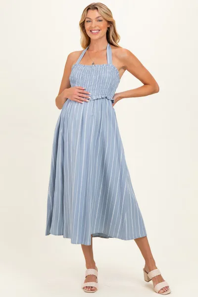 PinkBlush Blue Striped Smocked Halter Maternity Midi Dress
