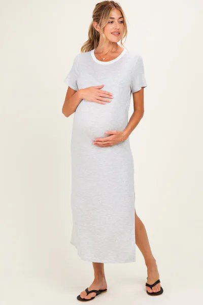 PinkBlush Ivory/ Heather Grey Striped Short Sleeve Maternity Maxi Dress