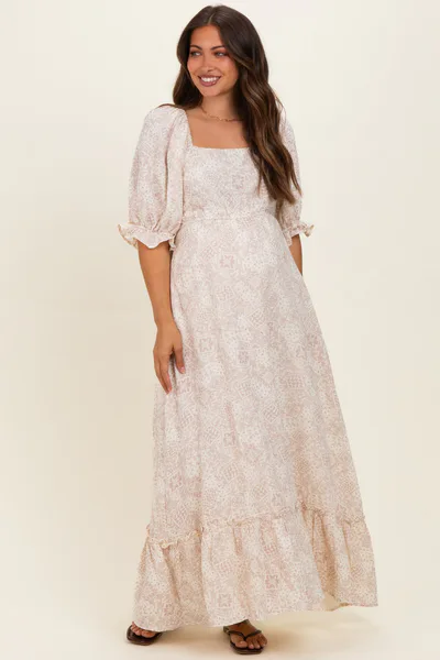 PinkBlush Light Pink Paisley Square Neck Maternity Maxi Dress