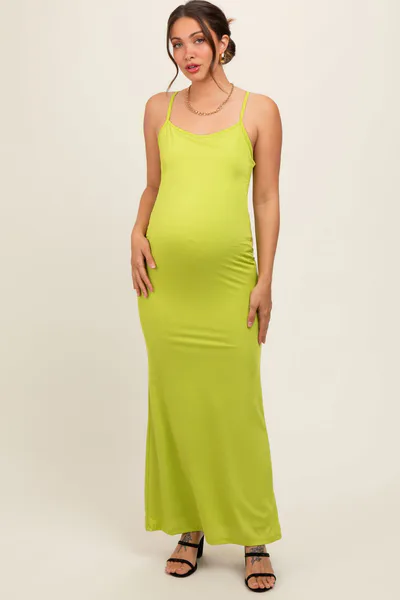 PinkBlush Lime Ribbed Fitted Maternity Maxi Dress