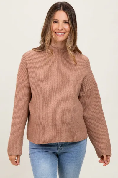 PinkBlush Mocha High Neck Ribbed Knit Maternity Sweater