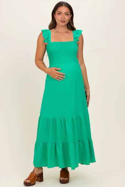 PinkBlush Green Ruffle Strap Smocked Maternity Maxi Dress