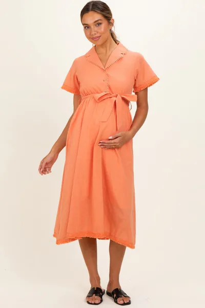 PinkBlush Salmon Button Down Frayed Maternity Midi Dress