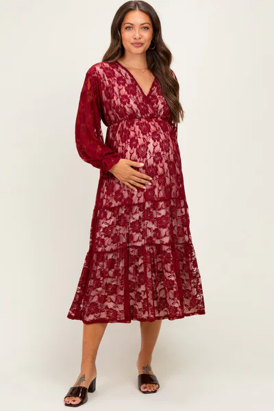 PinkBlush Burgundy Floral Lace Long Sleeve V-Neck Maternity Maxi Dress