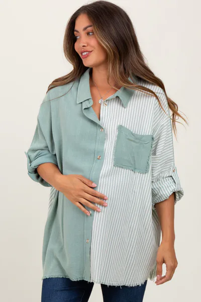 PinkBlush Light Olive Colorblock Stripe Oversized Maternity Button Down