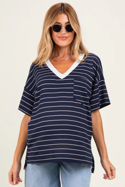 PinkBlush Navy Striped Short Sleeve V-Neck Maternity Top