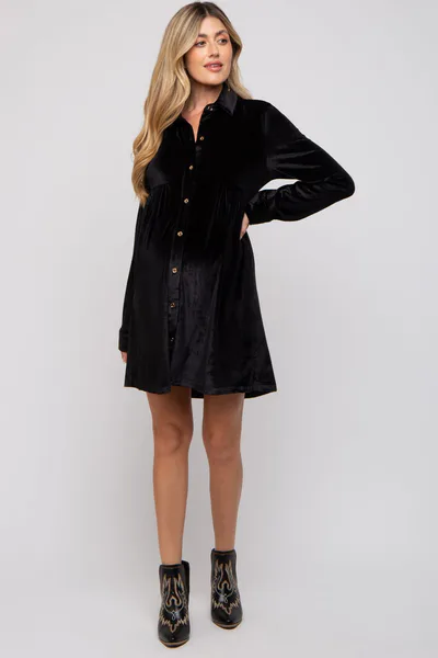 PinkBlush Black Velvet Button Down Maternity Dress