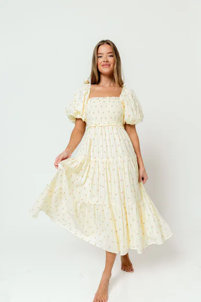 Worth Collective Elena 100% Cotton Midi Dress in Butter Floral - Bump Friendly