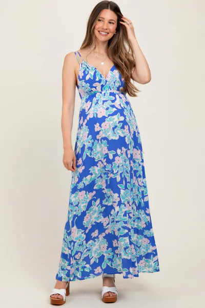 PinkBlush Blue Floral V-Neck Double Strap Maternity Maxi Dress