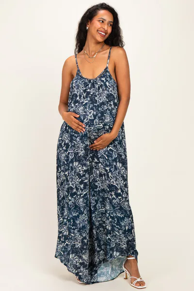 PinkBlush Navy Floral Beaded Wide Leg Maternity Jumpsuit