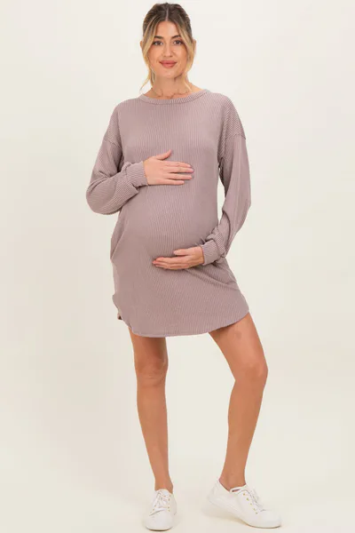 PinkBlush Taupe Rib Knit Long Sleeve Maternity Dress