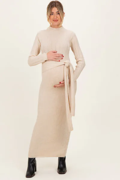 PinkBlush Cream Ribbed Front Tie Maternity Maxi Sweater Dress