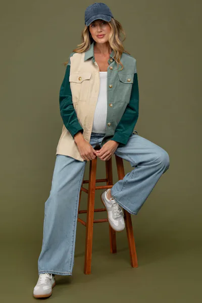 PinkBlush Light Olive Corduroy Colorblock Oversized Maternity Shirt Jacket