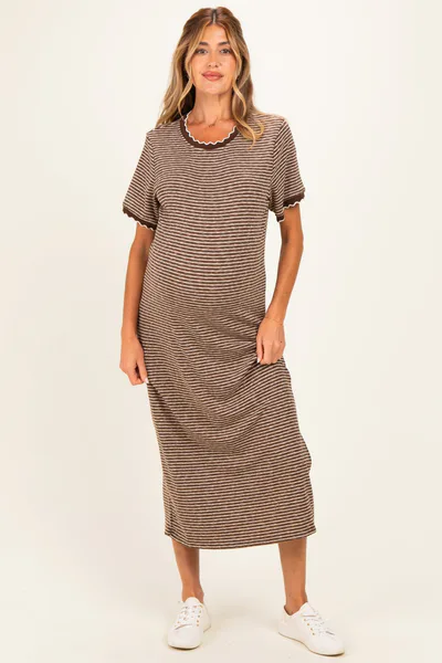 PinkBlush Mocha Striped Knit Scallop Accent Maternity Maxi Dress