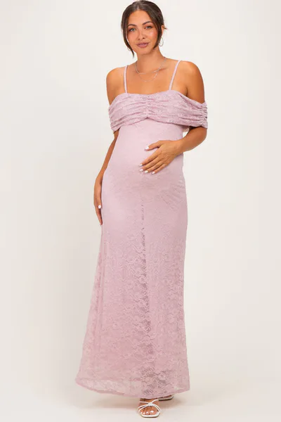 PinkBlush Light Pink Lace Off Shoulder Maternity Maxi Dress