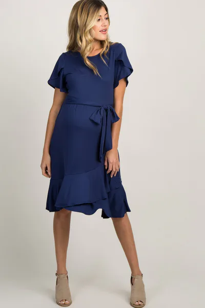 PinkBlush Navy Blue Solid Flounce Trim Maternity Dress