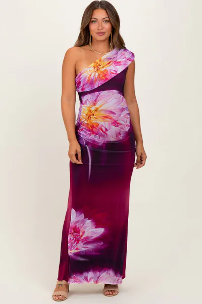PinkBlush Plum Floral One Shoulder Maternity Maxi Dress