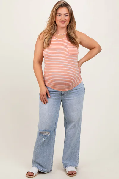 PinkBlush Light Blue Acid Wash Open Knee Wide Leg Maternity Plus Jeans