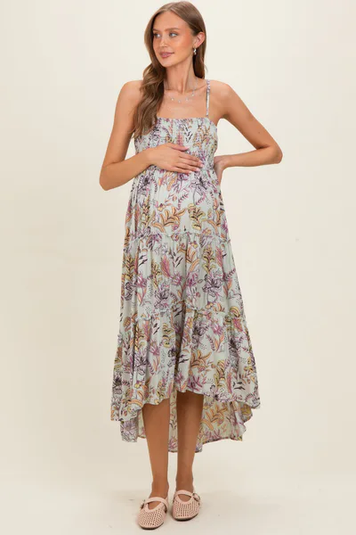 PinkBlush Celedon Smocked Bust Tiered Slight Hi Lo Hem Maternity Maxi Dress