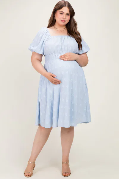 PinkBlush Dusty Blue Jacquard Maternity Plus Midi Dress