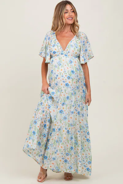 PinkBlush Blue Floral V-Neck Flowy Tiered Maternity Maxi Dress