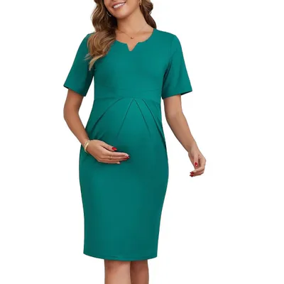 Target INSPIRE CHIC Women's Work Maternity Dresses Formal Short Sleeves V-Neck Front Pleated Office Pregnancy Business Dress Small Peacock Blue