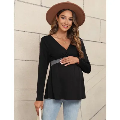 Target Women¡¯s Maternity Shirts Long Sleeve Nursing Tops V Neck Patchwork Breastfeeding Shirts Pregnancy Clothes Black X-Large