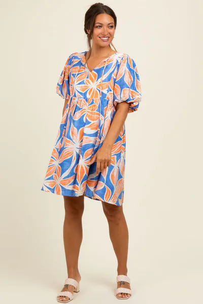 PinkBlush Royal Blue Floral Front Tie Puff Sleeve Maternity Dress