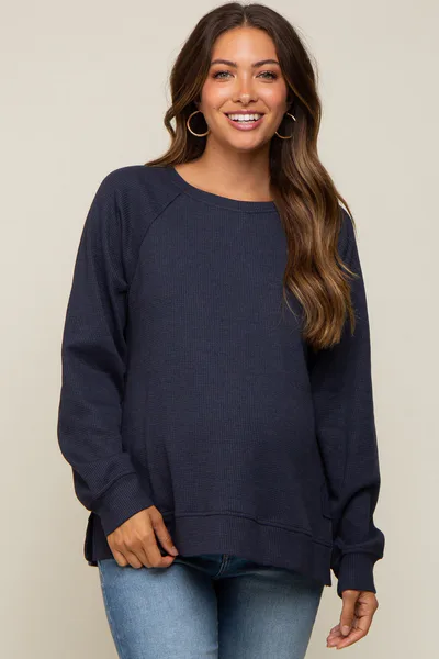 PinkBlush Navy Oversized Waffle Knit Long Sleeve Top
