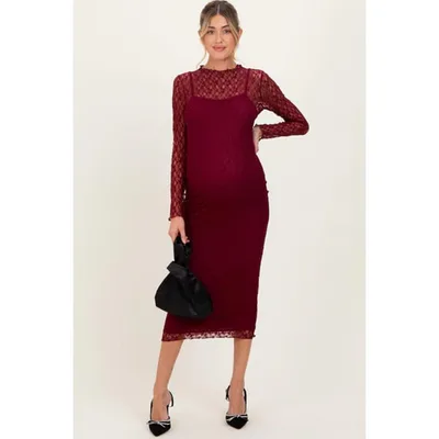 Target Pinkblush Burgundy Lace Overlay Fitted Maternity Midi Dress Small