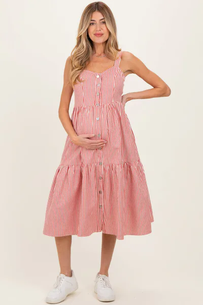 PinkBlush Red Striped Tiered Maternity Overall Dress