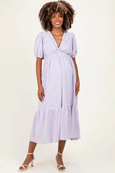 PinkBlush Lavender Lace V-Neck Puff Sleeve Maternity Maxi Dress