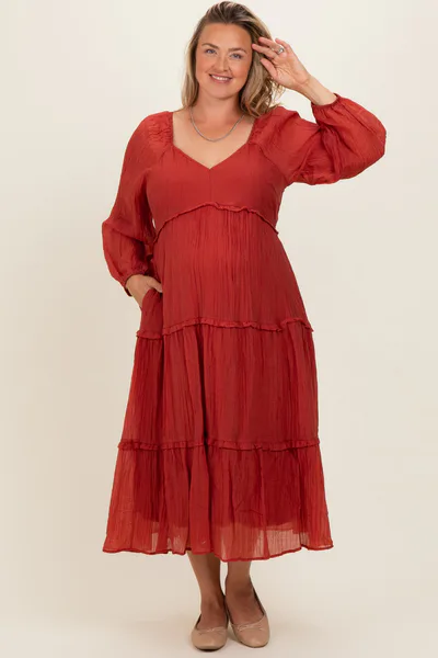 PinkBlush Rust Ruffle Accent Tiered Long Sleeve Maternity Plus Maxi Dress