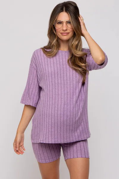 PinkBlush Purple Ribbed Soft Short Sleeve Maternity Shorts Set