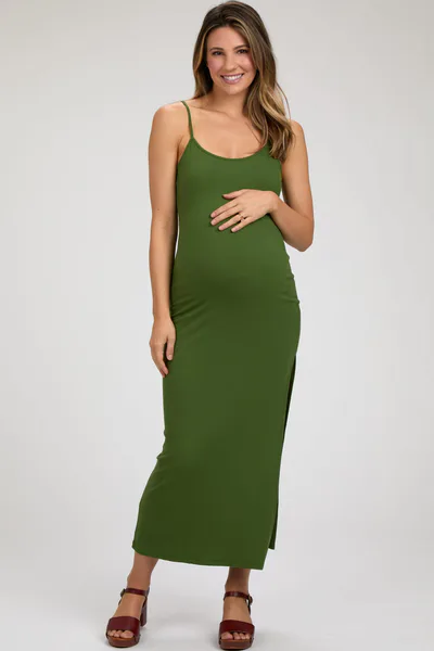 PinkBlush Green Ribbed Sleeveless Side Slit Maternity Dress